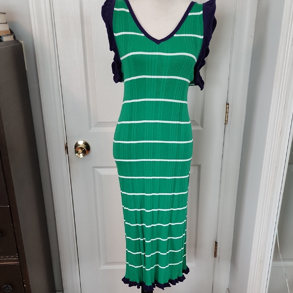 Anthropologie Green Striped V-Neck Midi Dress with Ruffle Trim